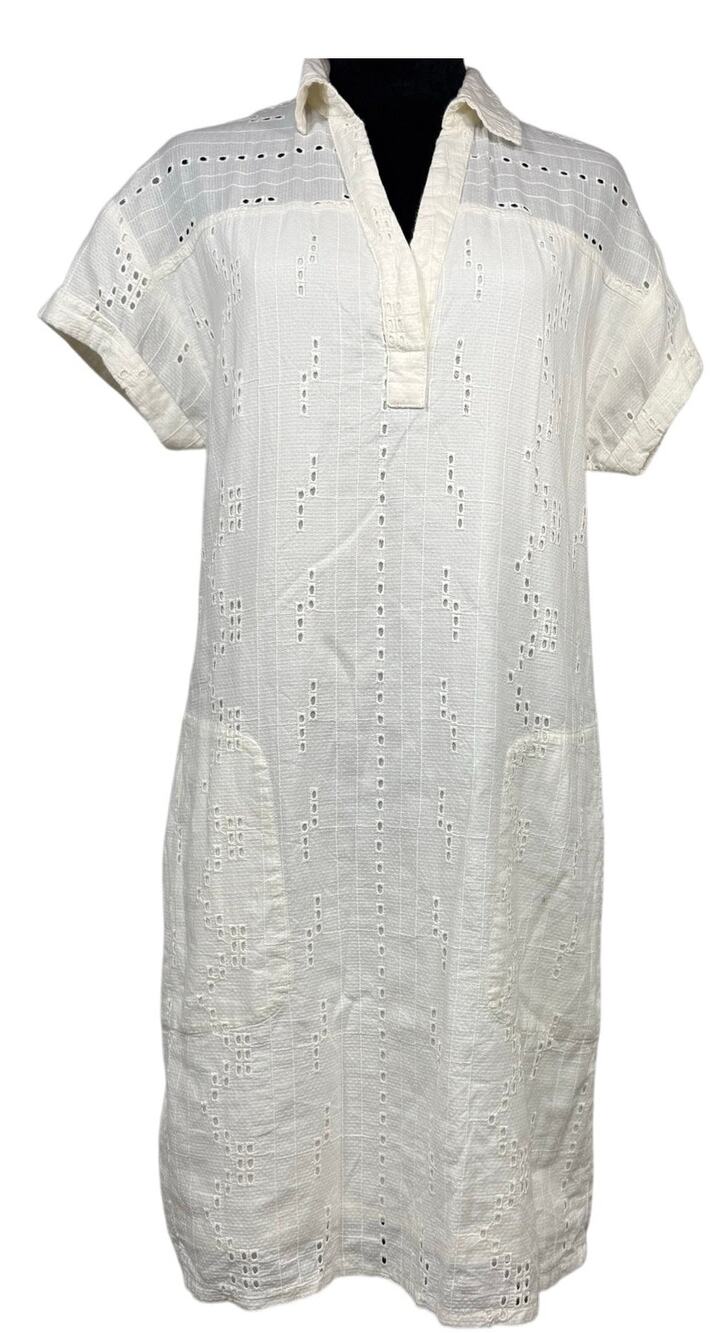 Prana Women's Small Shift Summer Dress Collared Lightweight Cream Cotton Boho